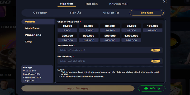 Nạp tiền bằng hình thức thẻ cào tại vin88